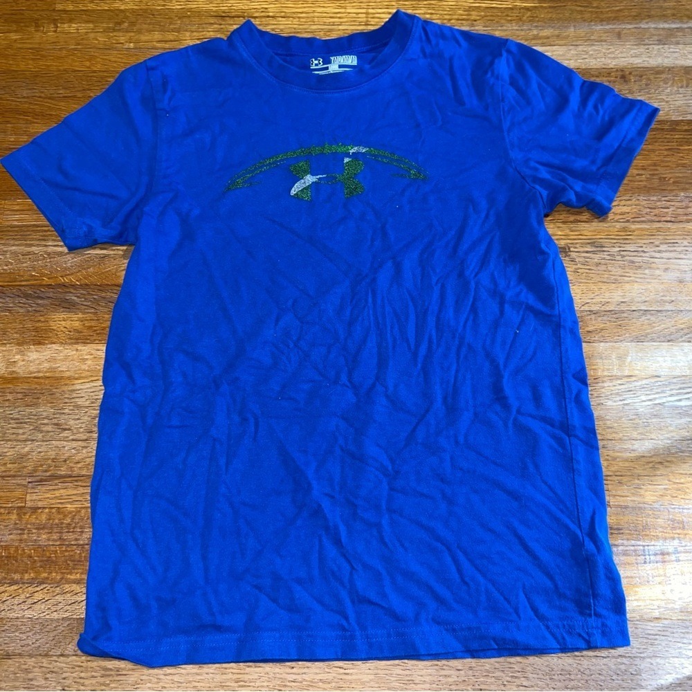 Under Armour Youth Medium Blue Green HeatGear Loose Logo Crew Neck T-Shirt‎